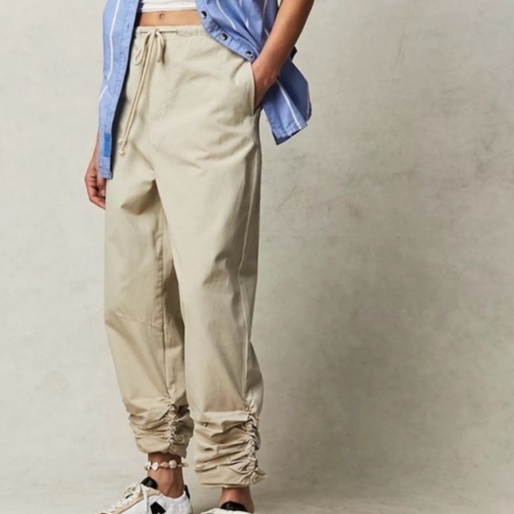 Free People Light Summer Parachute Pants Ruched Ankle Tan Small